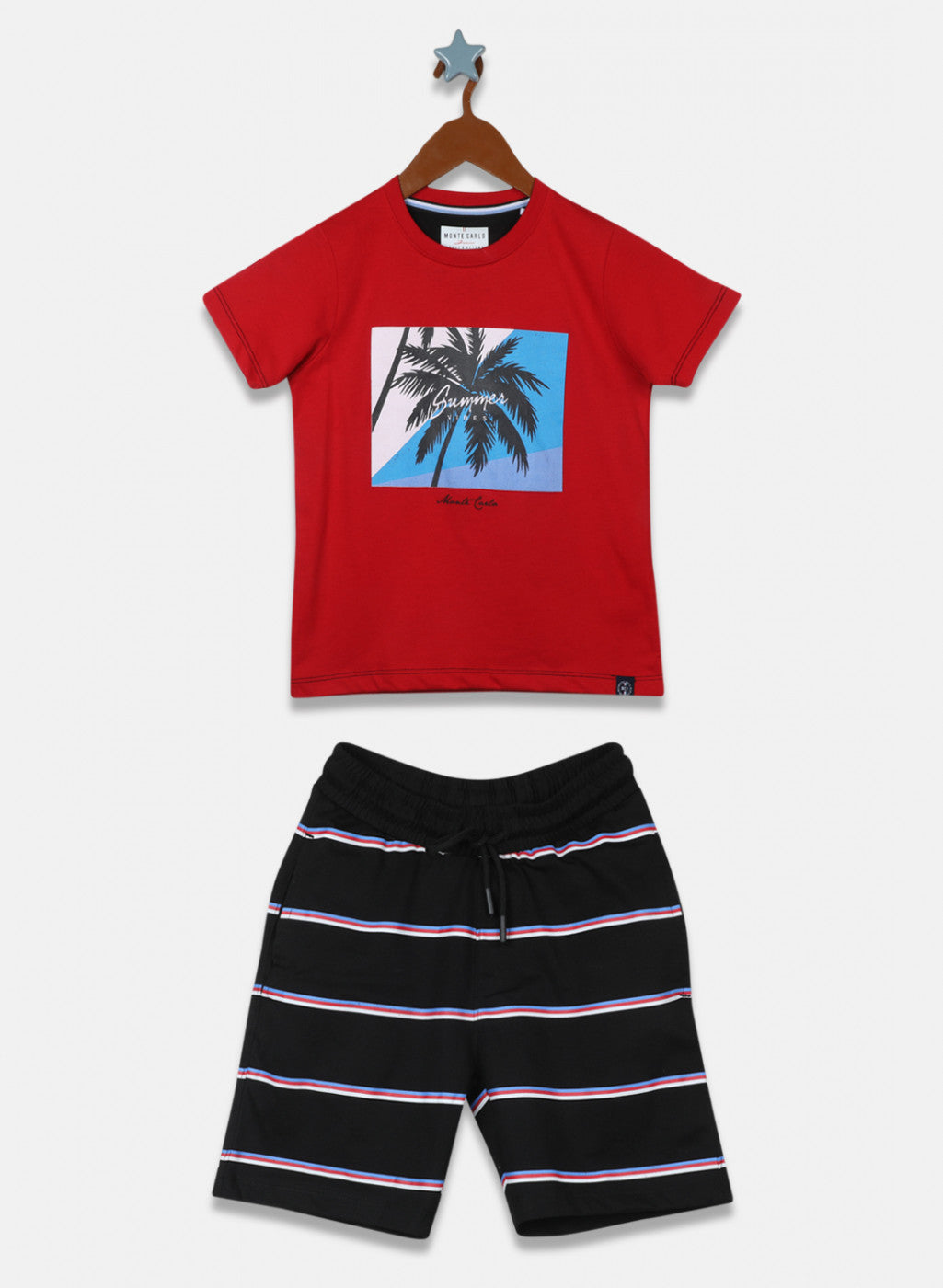 Boys Red & Black Printed Bermuda Set