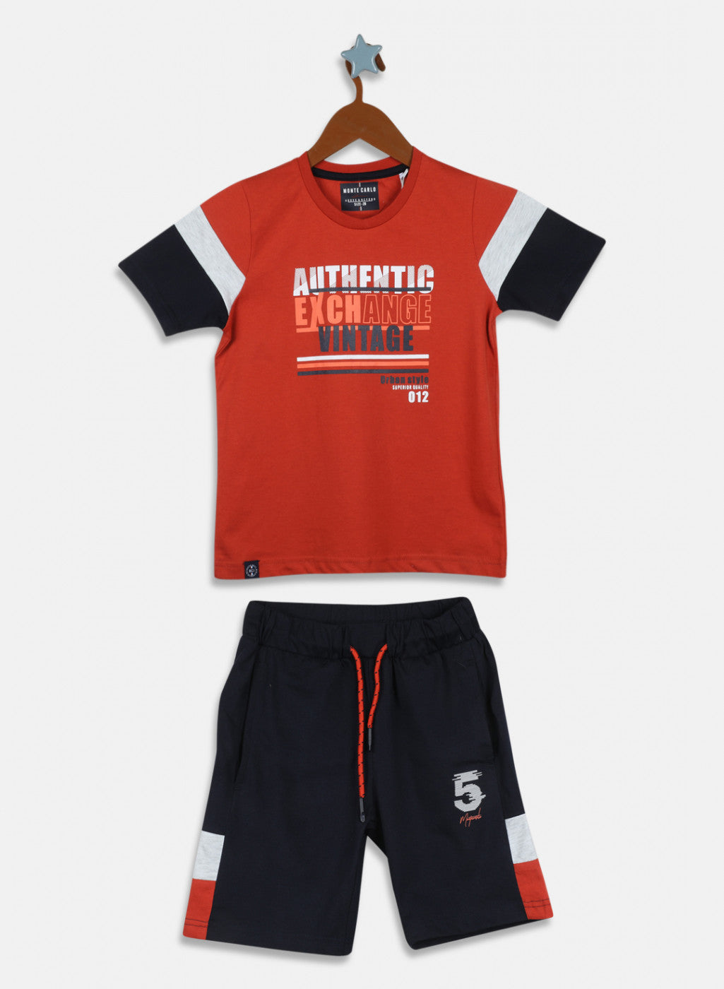 Boys Orange & Navy Blue Printed Bermuda Set