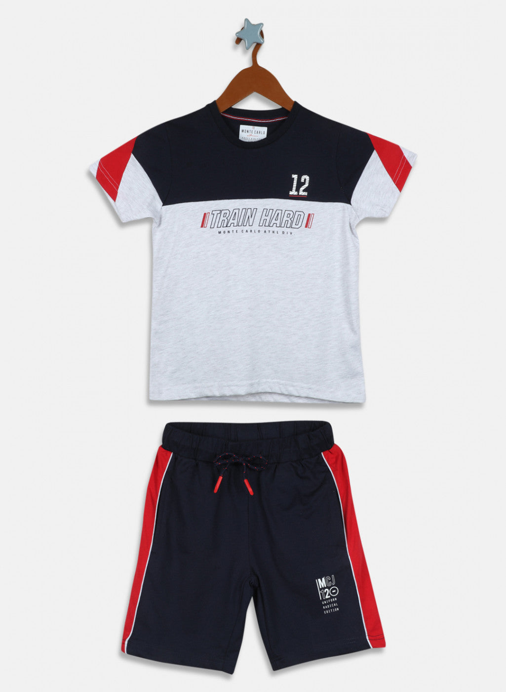 Boys Grey & Navy Blue Printed Bermuda Set