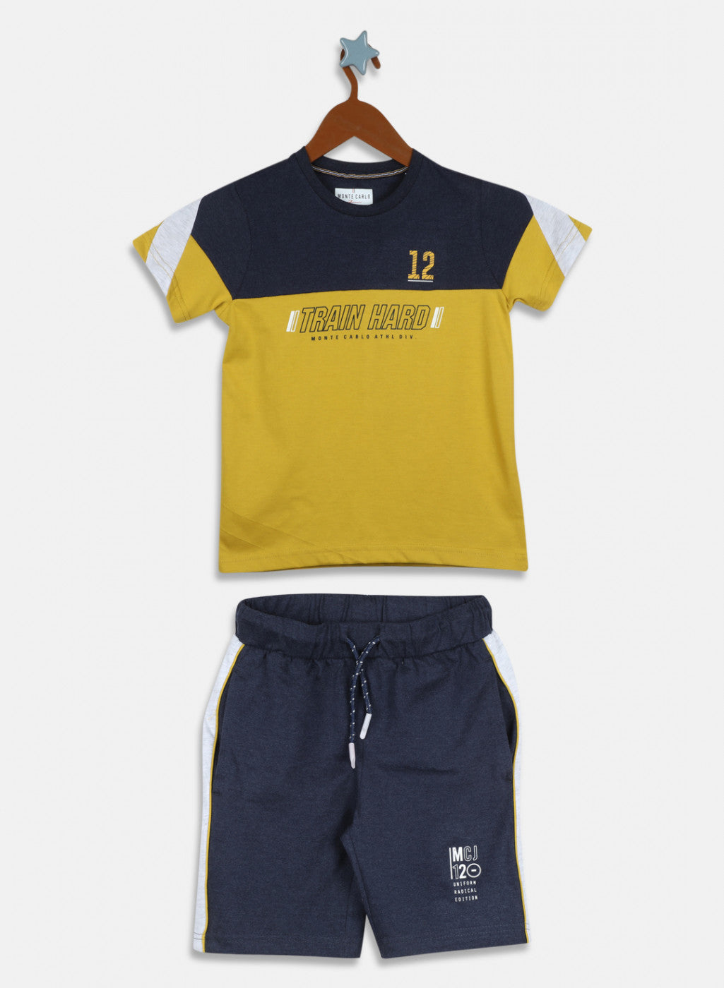 Boys Mustard & Navy Blue Printed Bermuda Set