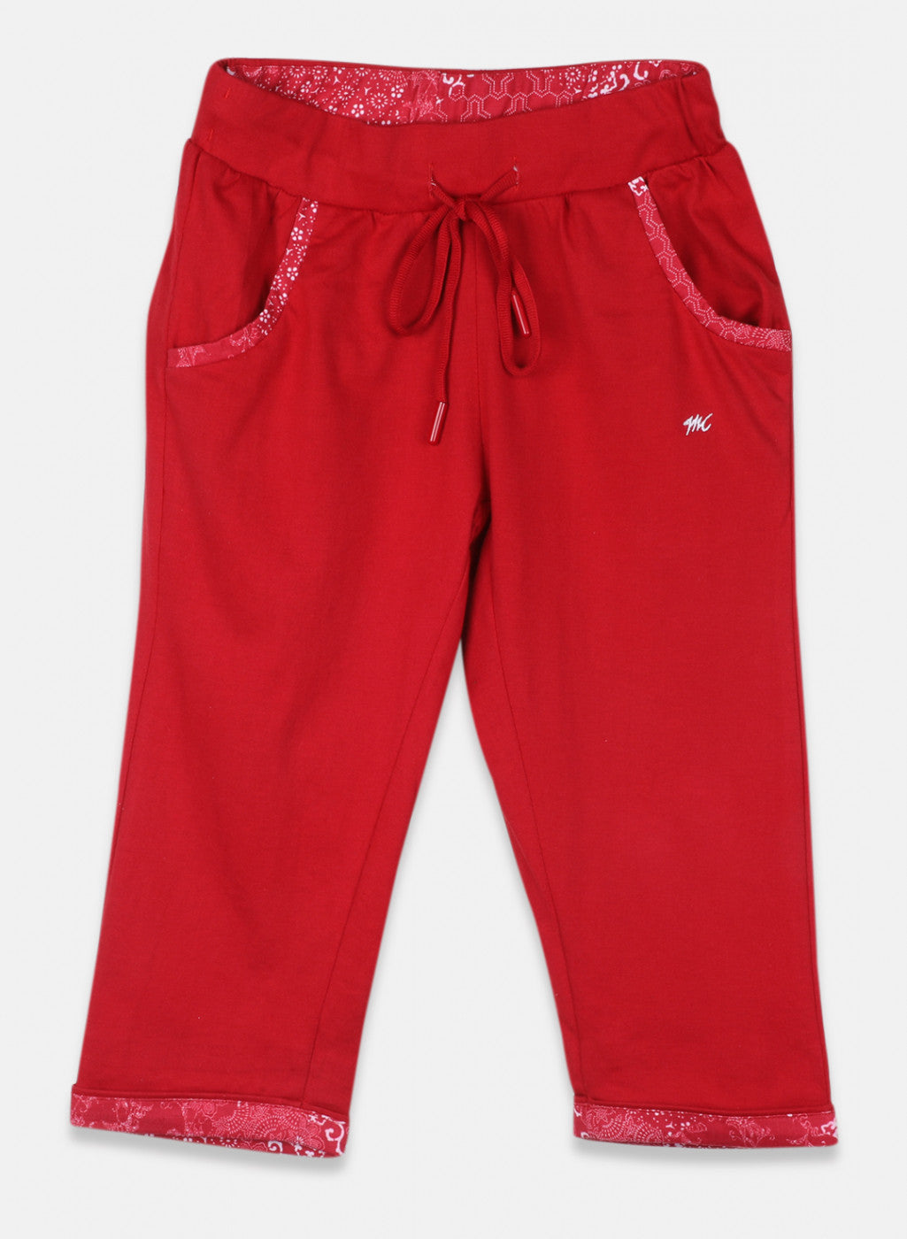 Girls Red Plain Capri