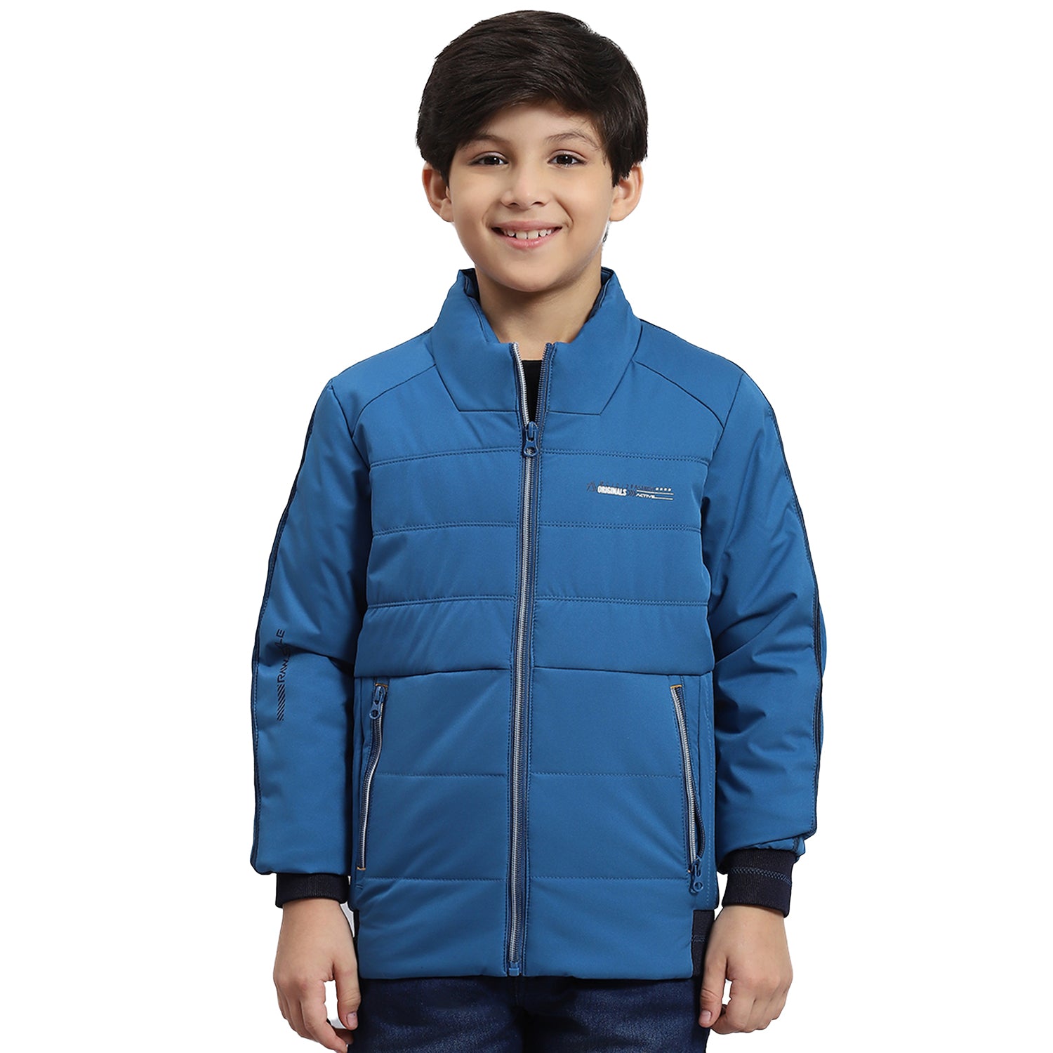 Boys Blue Solid Stand Collar Full Sleeve Boys Jacket