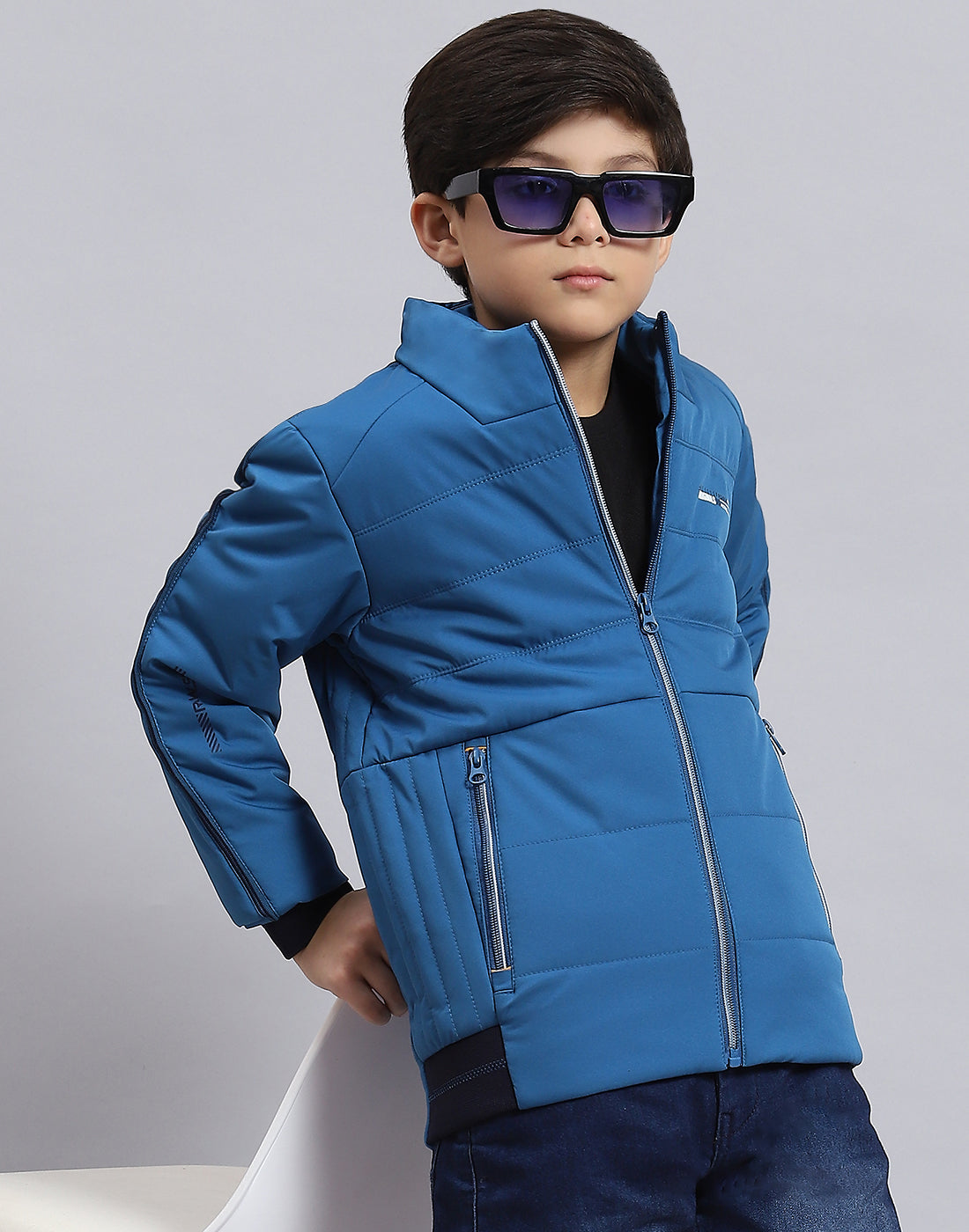 Boys Blue Solid Stand Collar Full Sleeve Boys Jacket