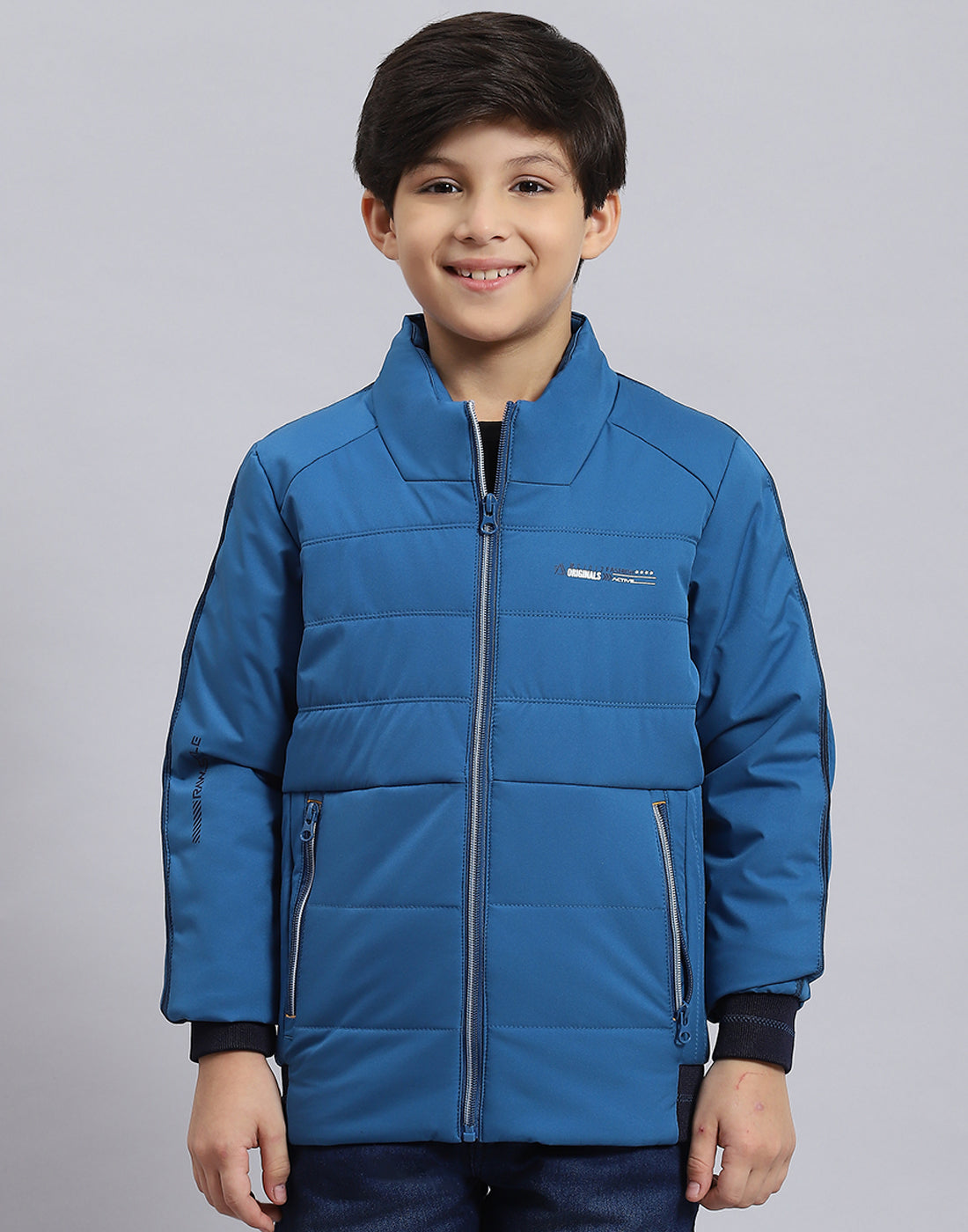 Boys Blue Solid Stand Collar Full Sleeve Boys Jacket