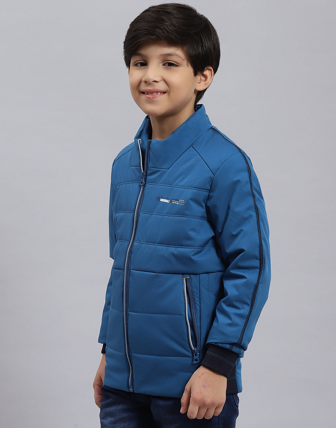 Boys Blue Solid Stand Collar Full Sleeve Boys Jacket