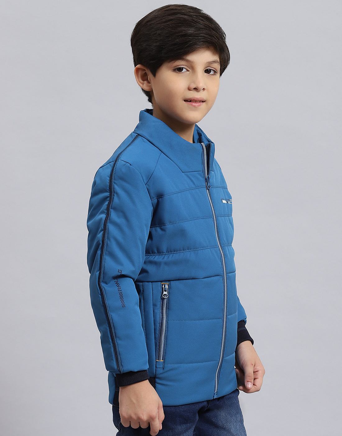 Boys Blue Solid Stand Collar Full Sleeve Boys Jacket