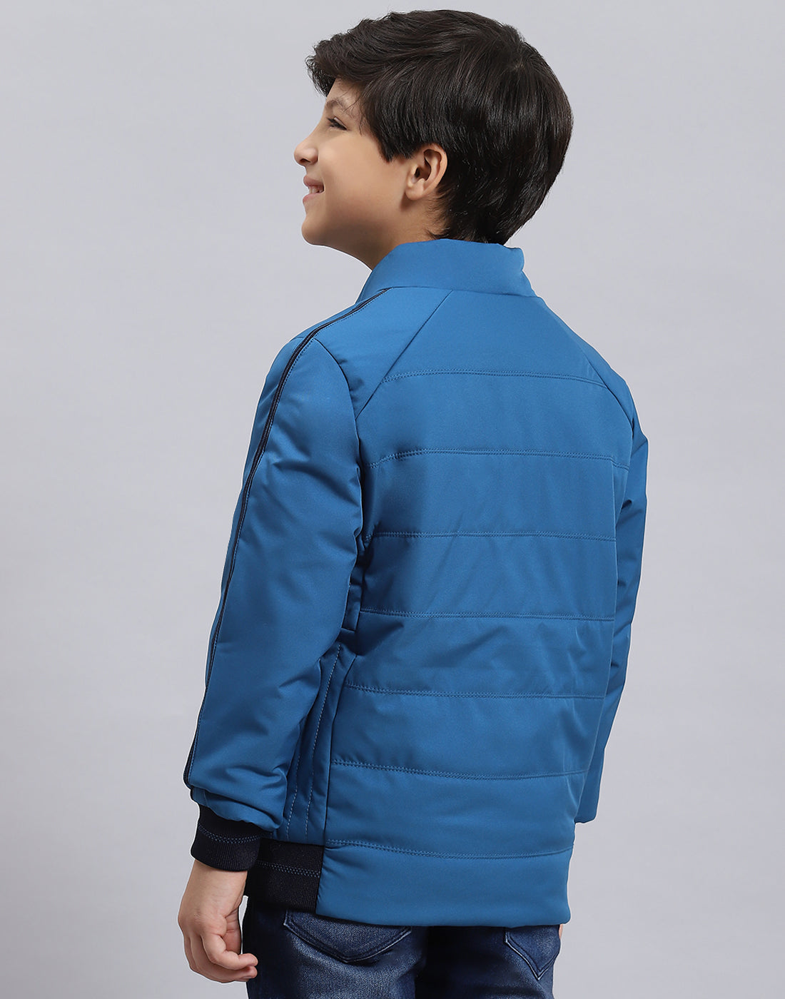 Boys Blue Solid Stand Collar Full Sleeve Boys Jacket