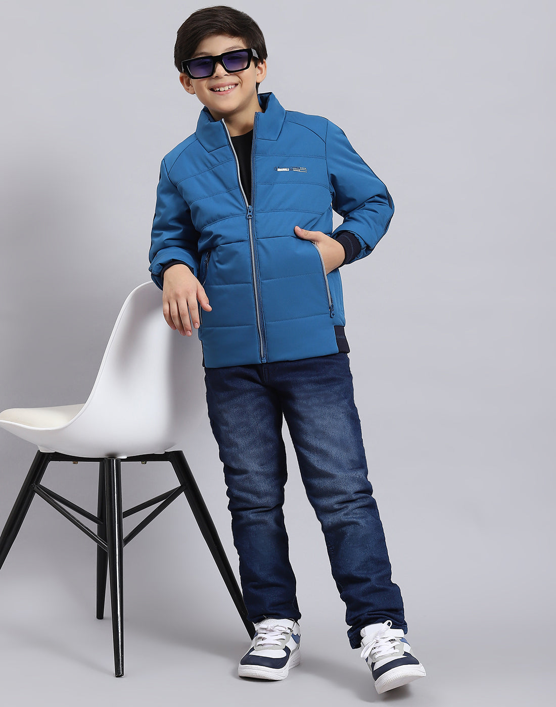 Boys Blue Solid Stand Collar Full Sleeve Boys Jacket