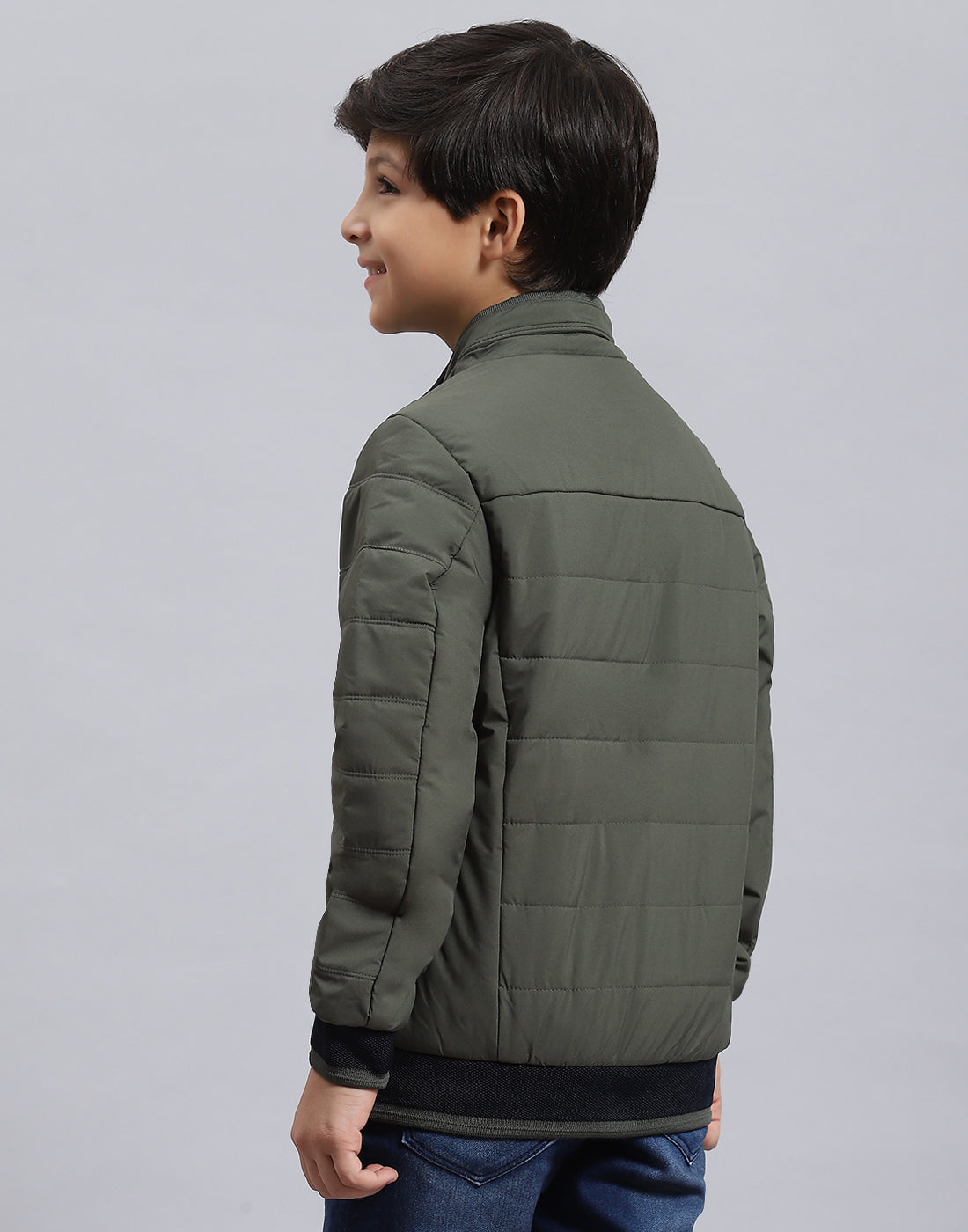 Boys Olive Solid Stand Collar Full Sleeve Boys Jacket