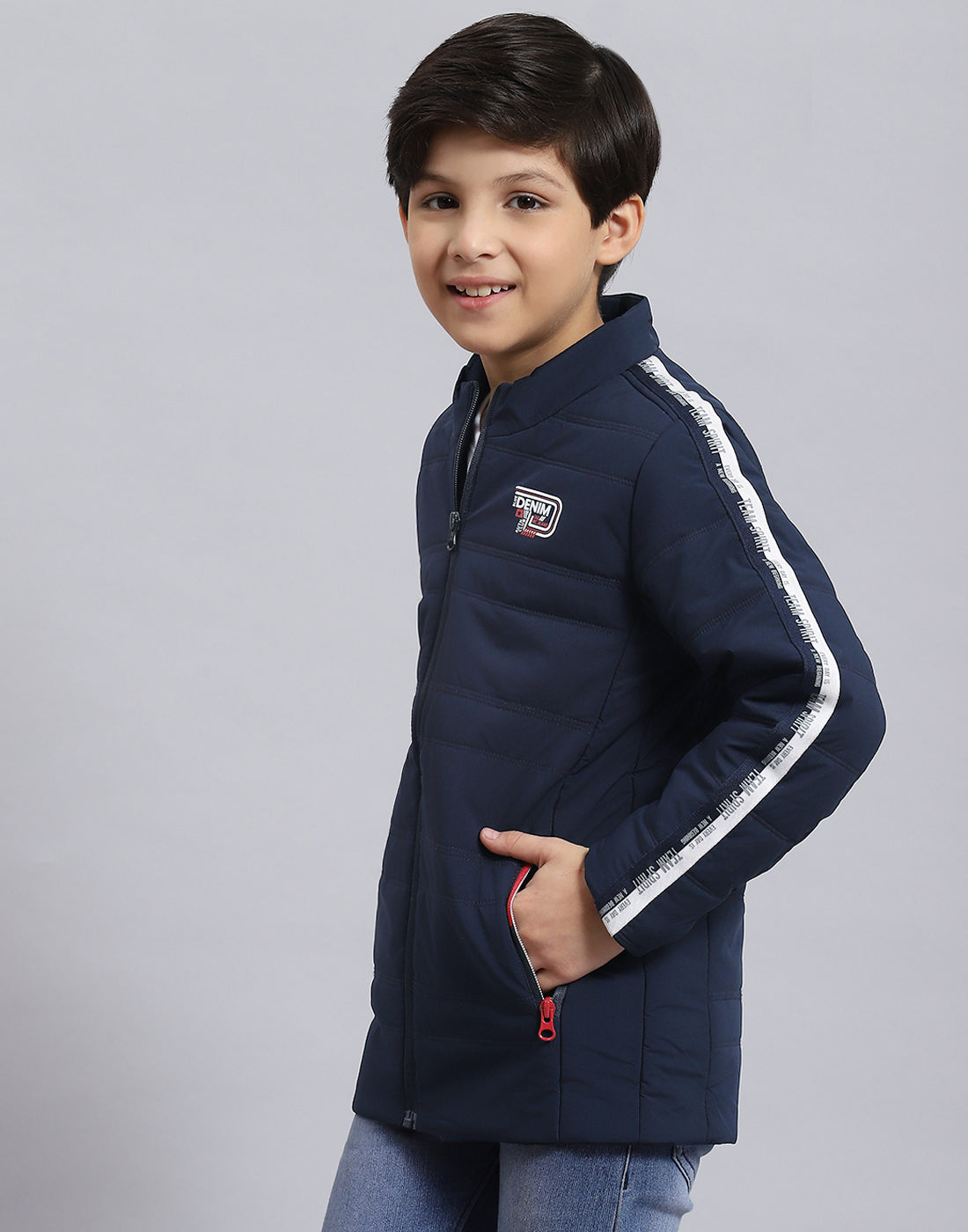 Boys Navy Blue Solid Stand Collar Full Sleeve Boys Jacket