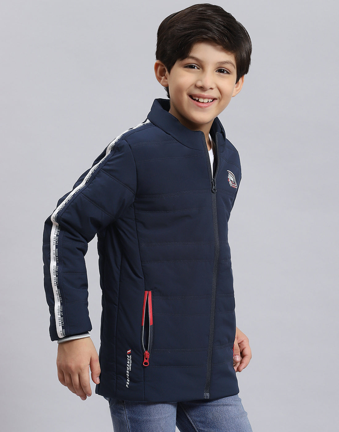 Boys Navy Blue Solid Stand Collar Full Sleeve Boys Jacket