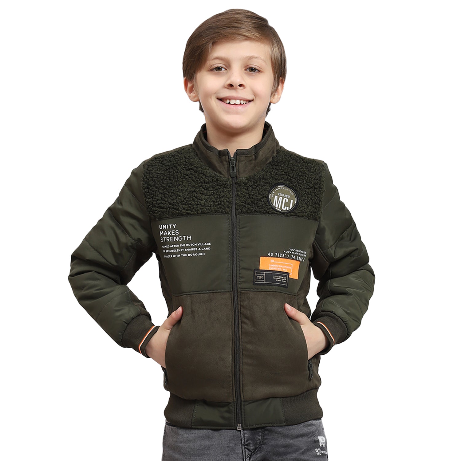 Boys Olive Solid Stand Collar Full Sleeve Boys Jacket