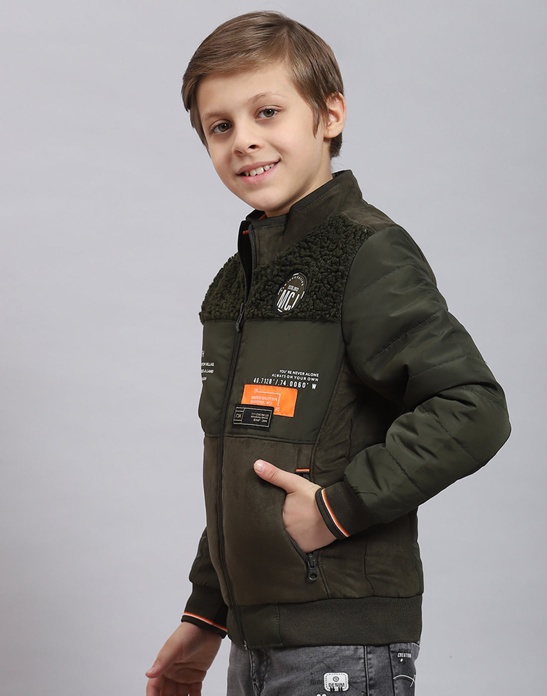 Boys Olive Solid Stand Collar Full Sleeve Boys Jacket