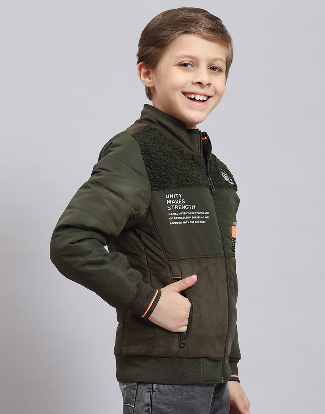 Boys Olive Solid Stand Collar Full Sleeve Boys Jacket