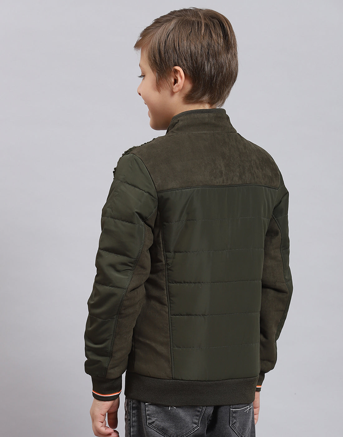 Boys Olive Solid Stand Collar Full Sleeve Boys Jacket