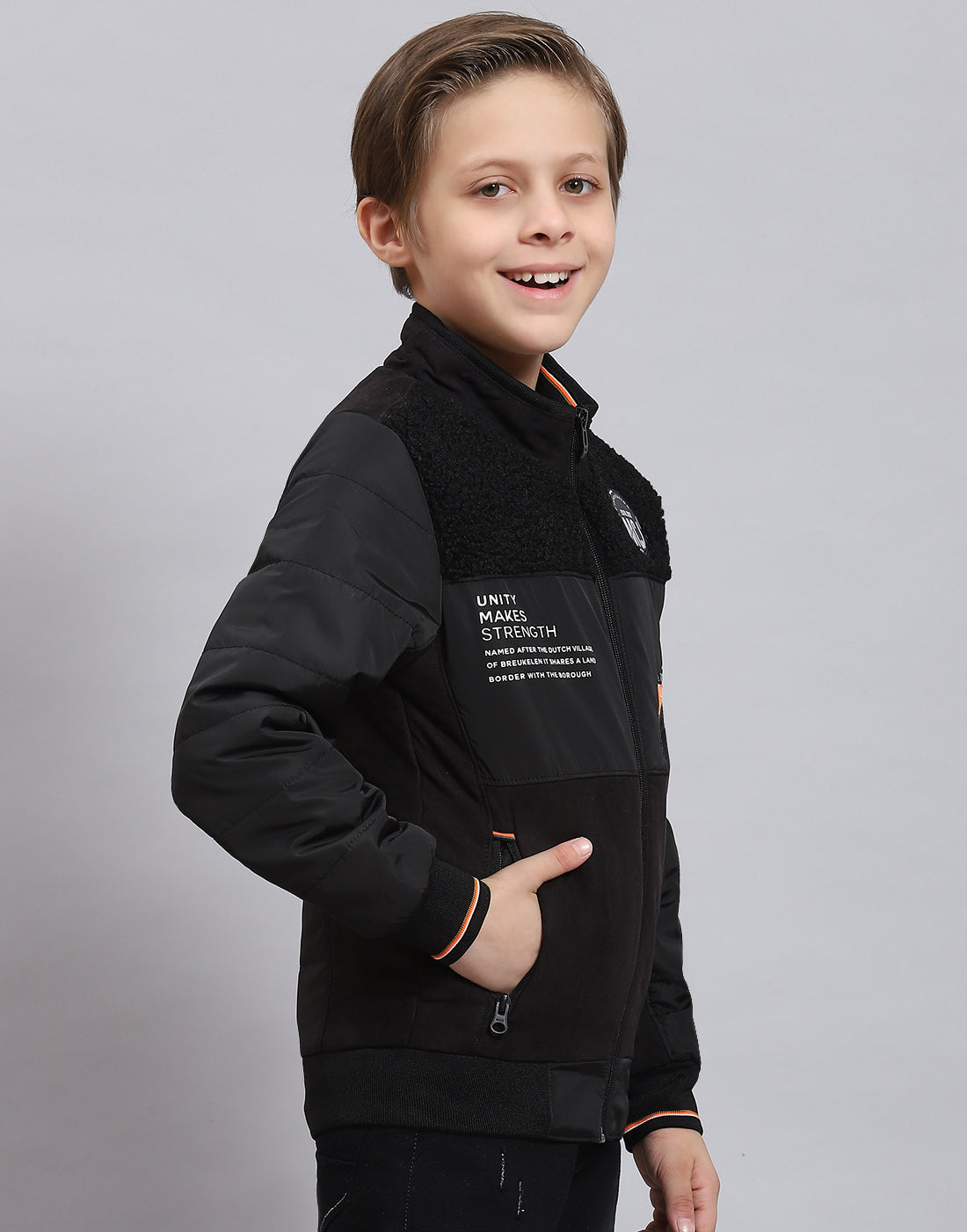 Boys Black Solid Stand Collar Full Sleeve Boys Jacket