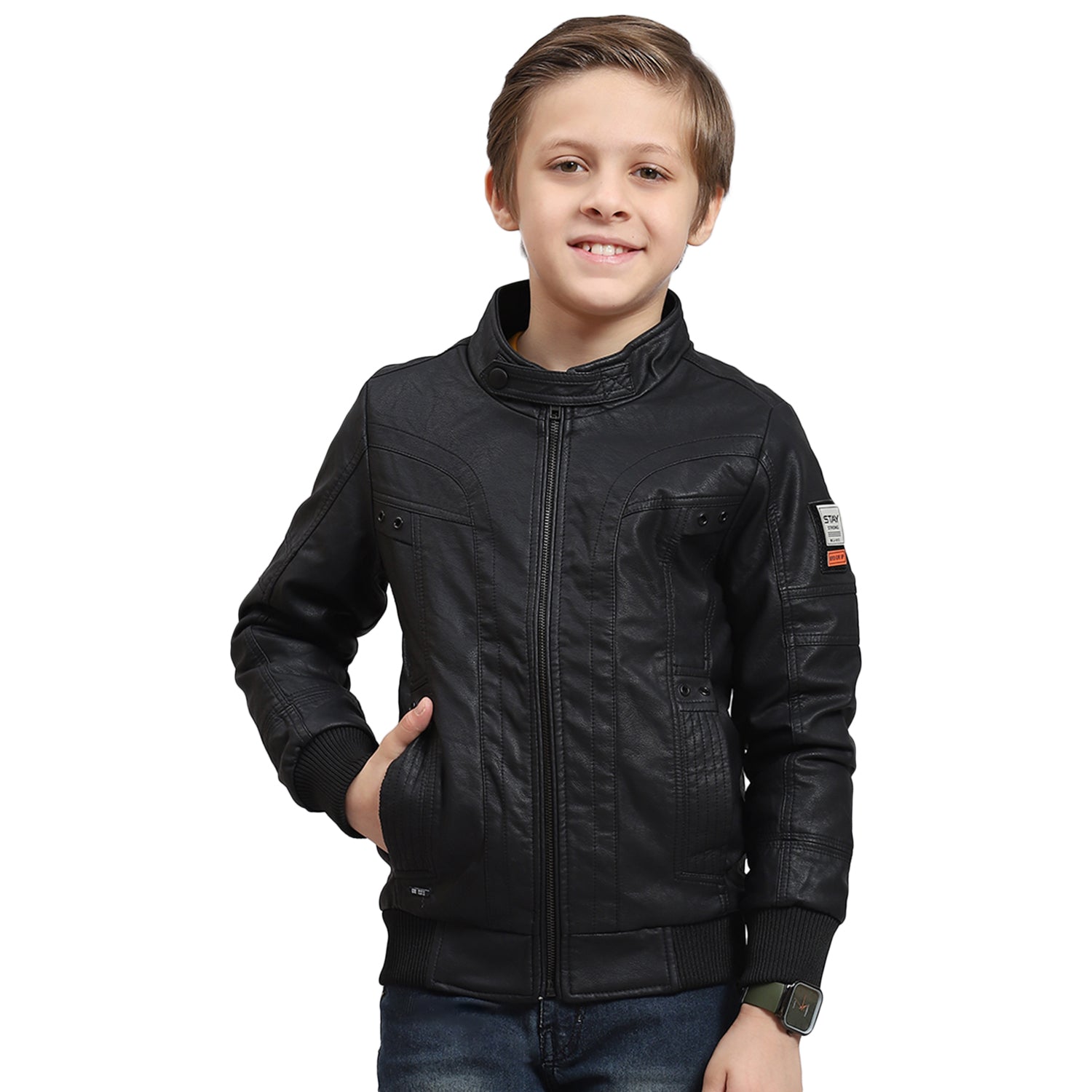 Boys Black Solid Stand Collar Full Sleeve Boys Jacket