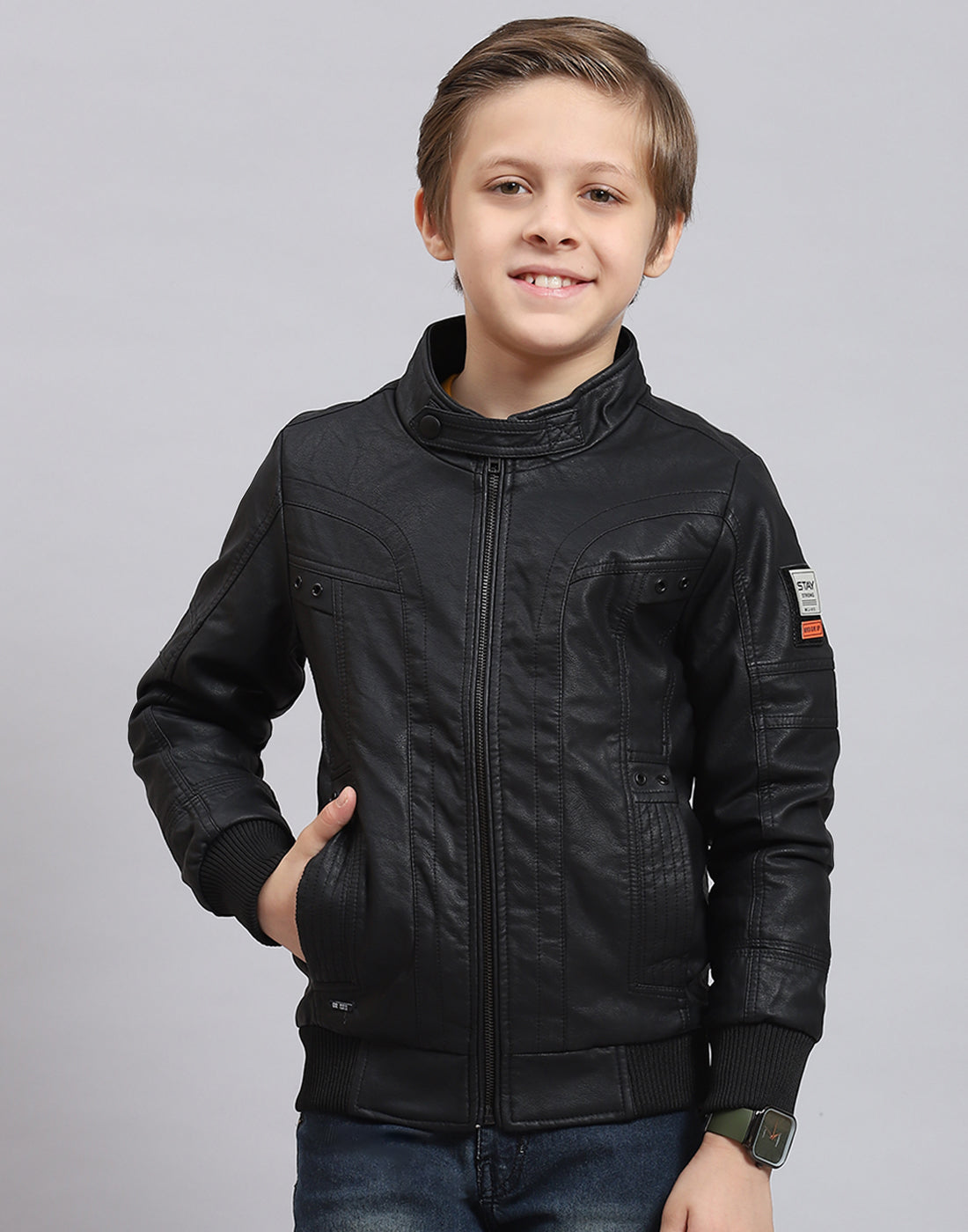 Boys Black Solid Stand Collar Full Sleeve Boys Jacket