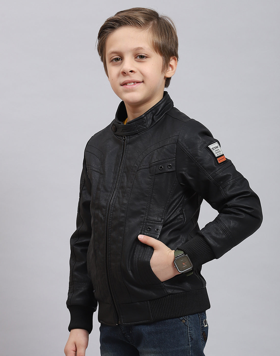 Boys Black Solid Stand Collar Full Sleeve Boys Jacket