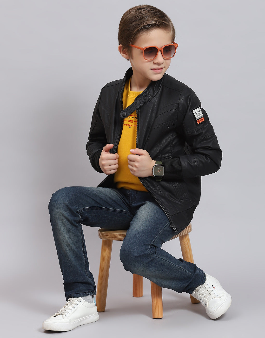 Boys Black Solid Stand Collar Full Sleeve Boys Jacket