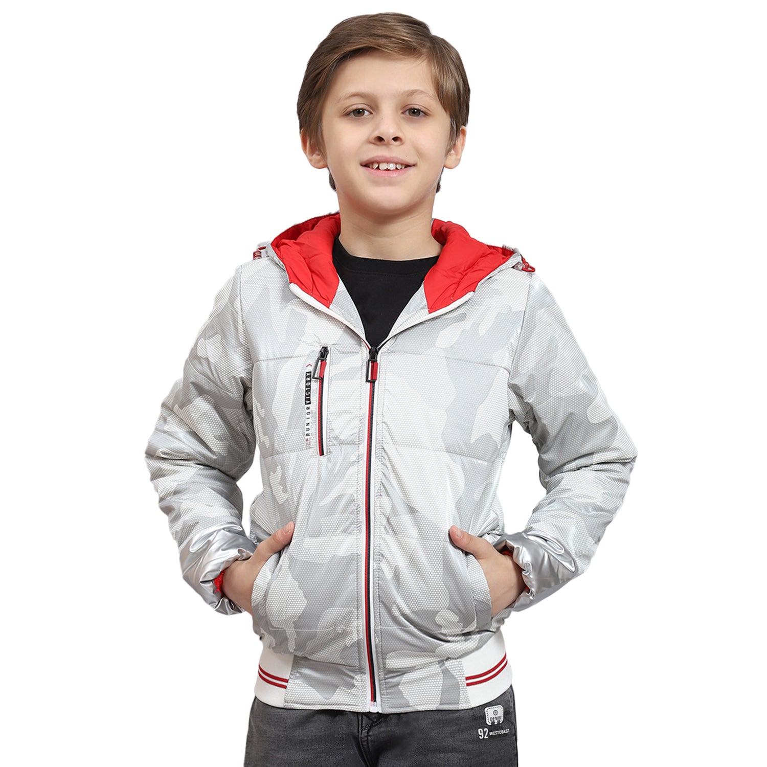 Boys Grey Printed Hooded Full Sleeve Boys Jacket