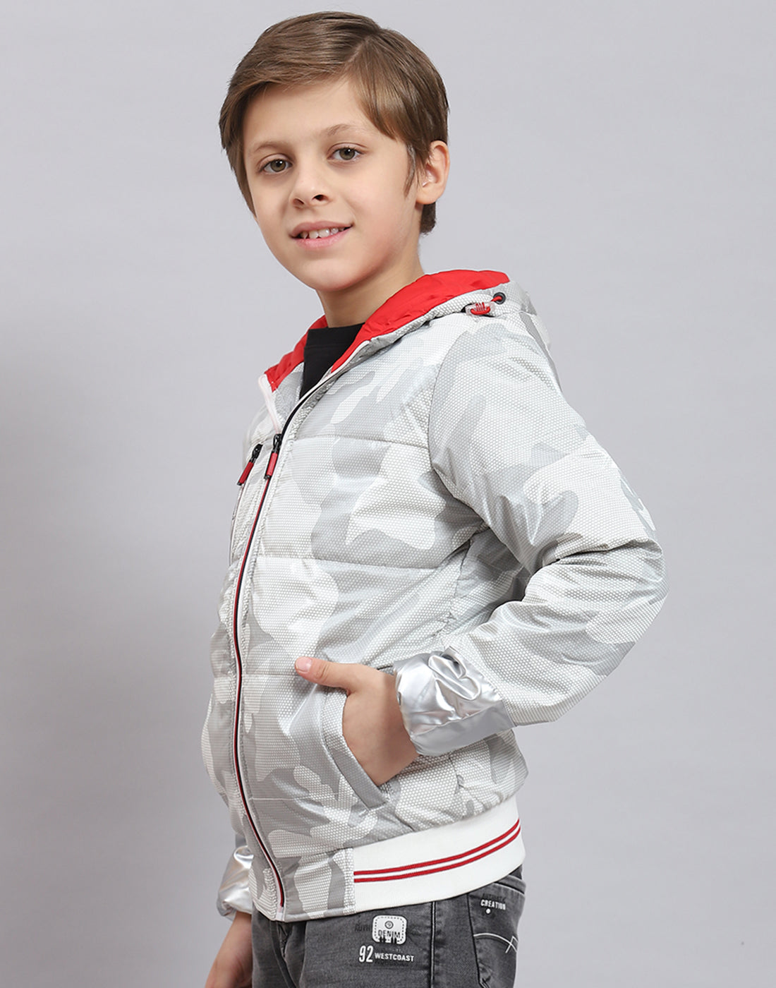 Boys Grey Printed Hooded Full Sleeve Boys Jacket