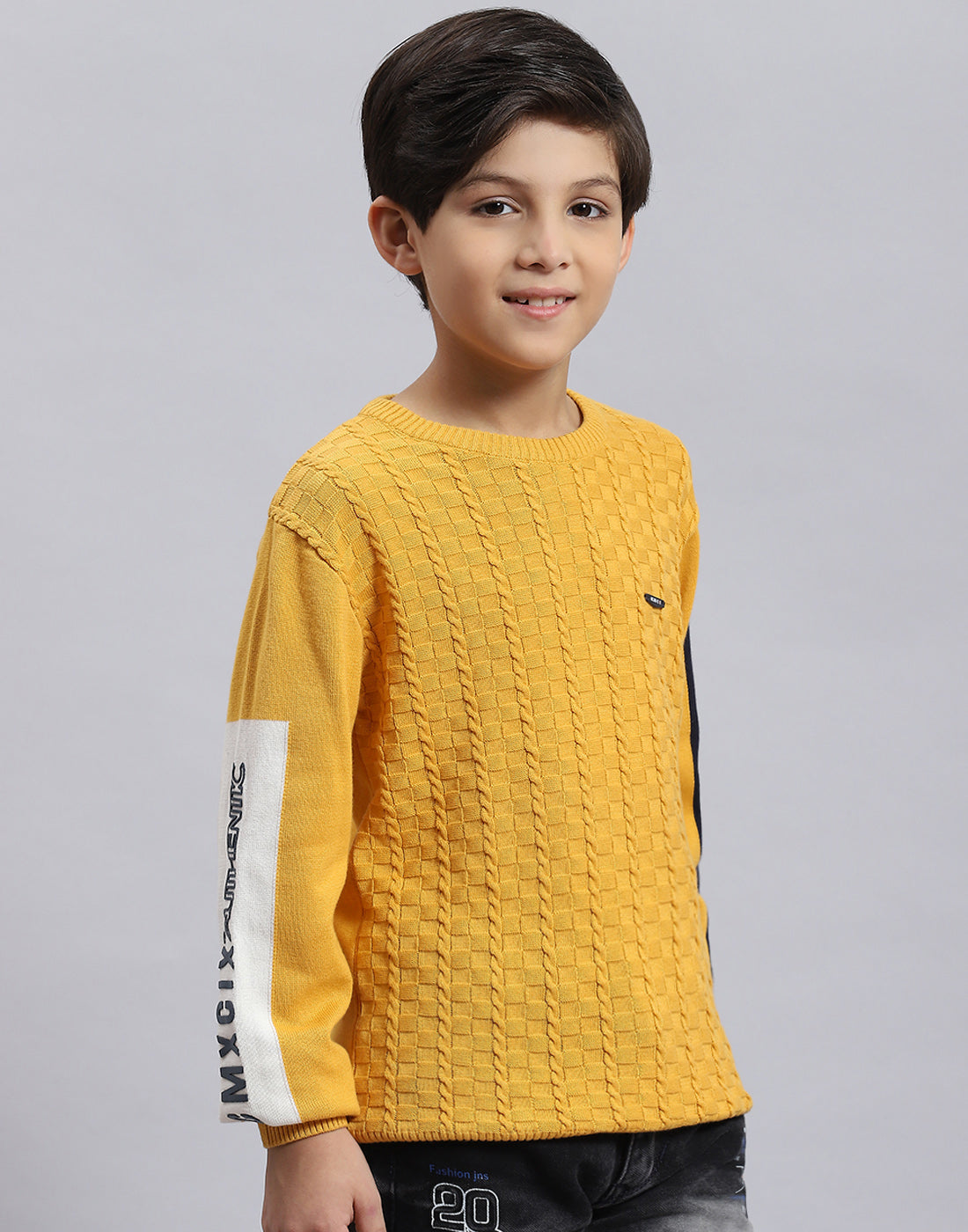 Buy Boys Mustard Self Design Round Neck Full Sleeve Sweater Online in India Monte Carlo