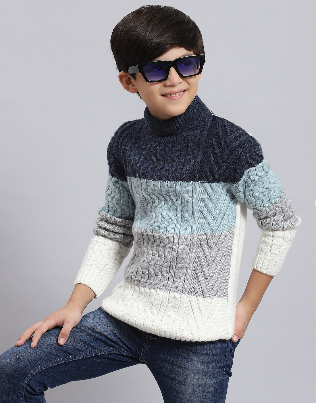 Boys Blue Self Design H Neck Full Sleeve Sweater