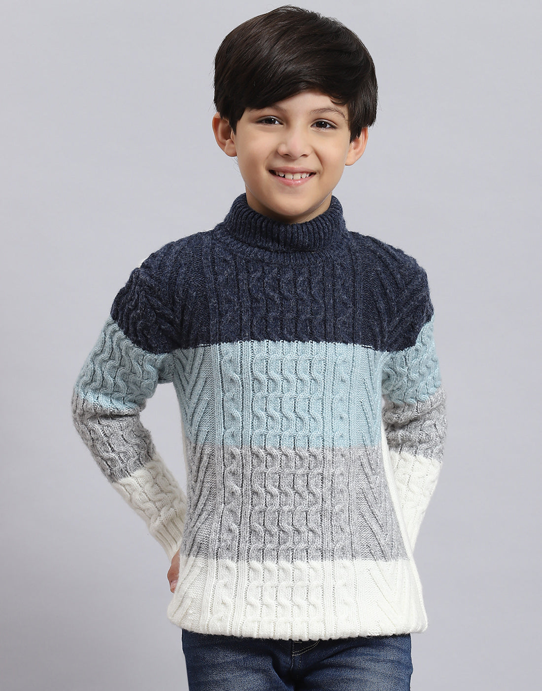 Boys Blue Self Design H Neck Full Sleeve Sweater