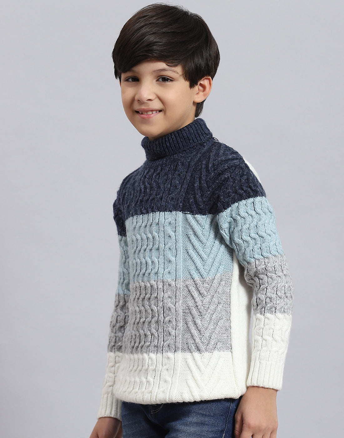 Boys Blue Self Design H Neck Full Sleeve Sweater