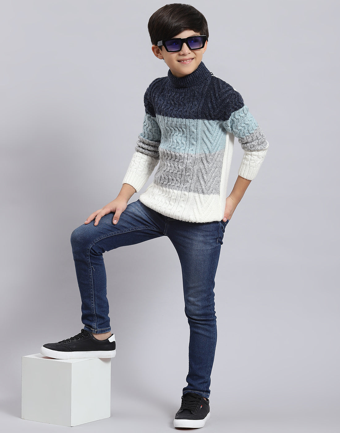 Boys Blue Self Design H Neck Full Sleeve Sweater