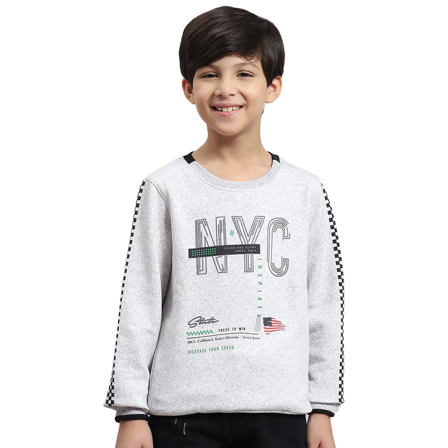 Boys Grey Melange Printed Round Neck Full Sleeve Sweatshirt