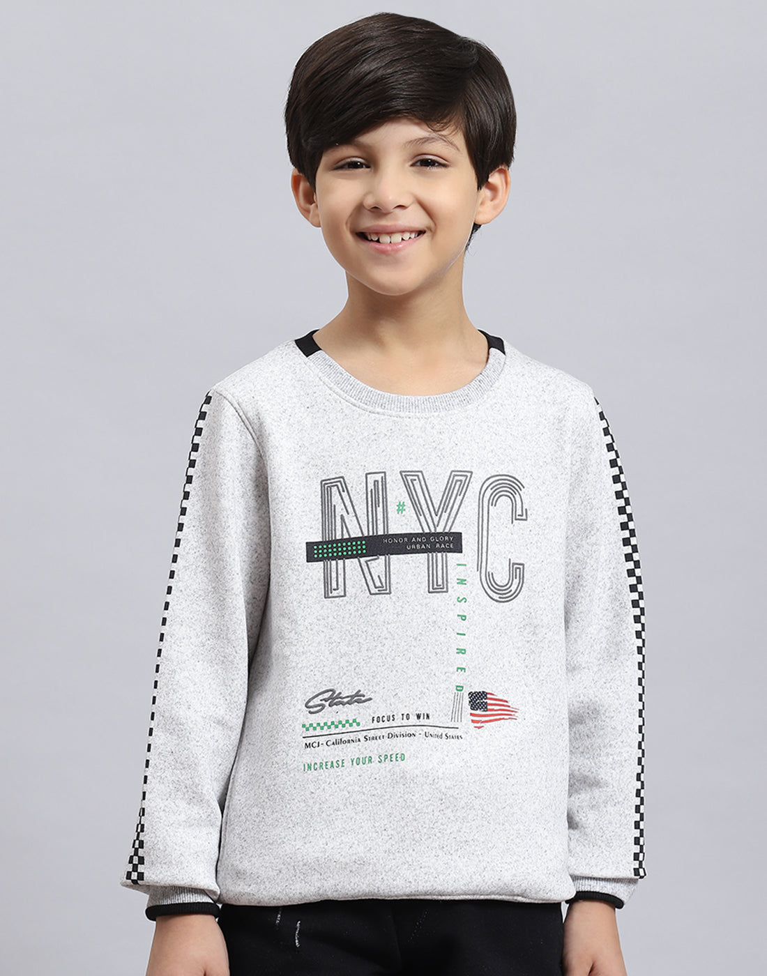 Boys Grey Melange Printed Round Neck Full Sleeve Sweatshirt