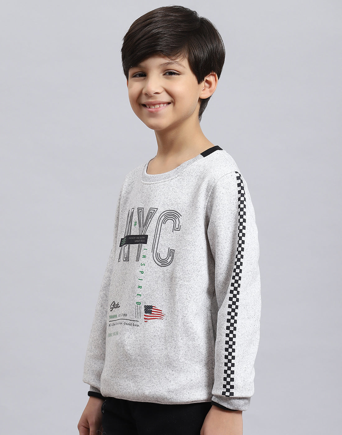 Boys Grey Melange Printed Round Neck Full Sleeve Sweatshirt