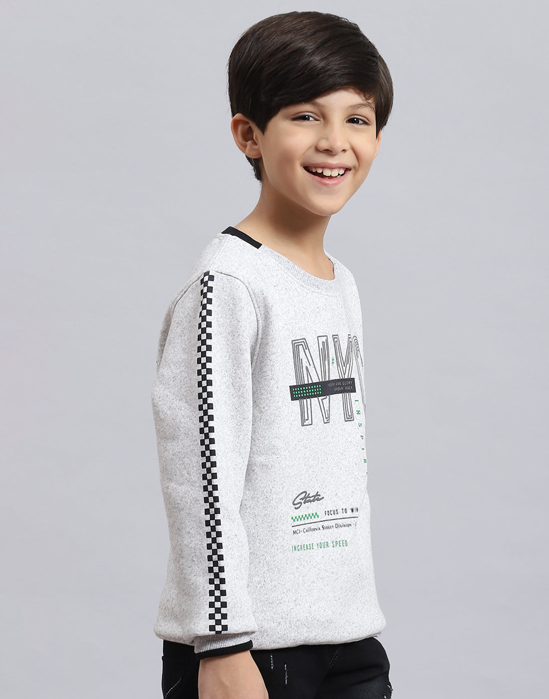 Boys Grey Melange Printed Round Neck Full Sleeve Sweatshirt