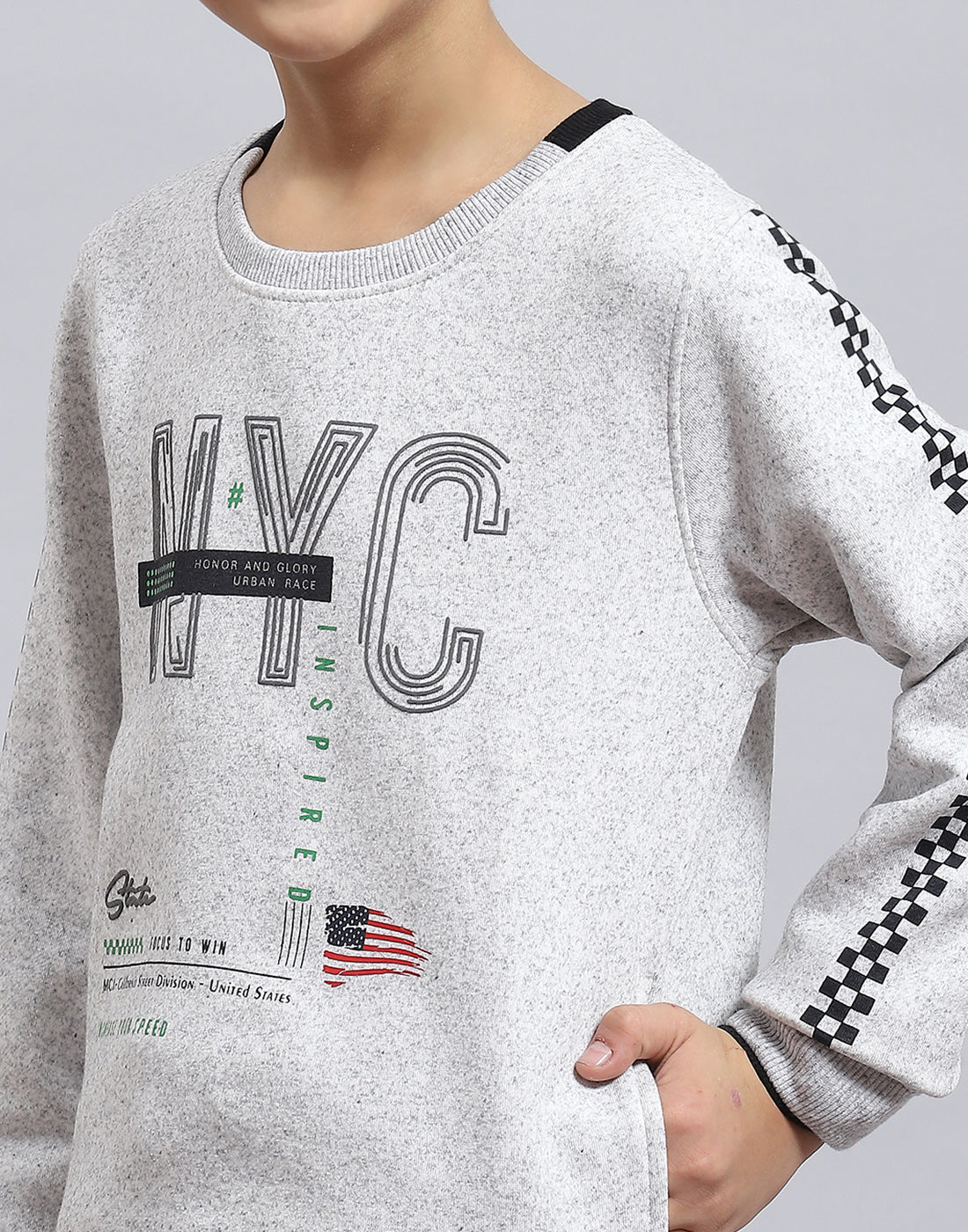 Boys Grey Melange Printed Round Neck Full Sleeve Sweatshirt