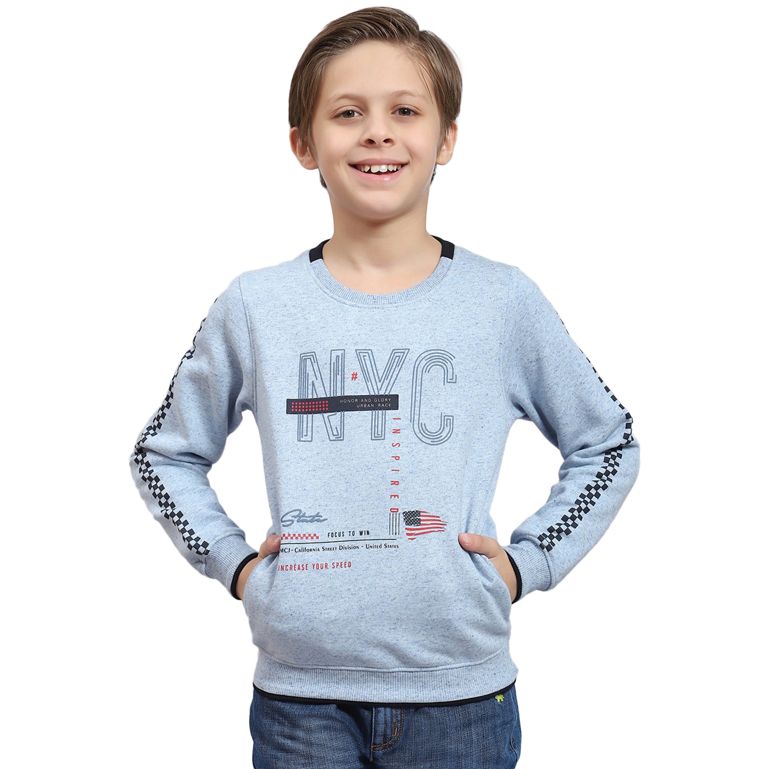 Boys Blue Printed Round Neck Full Sleeve Sweatshirt