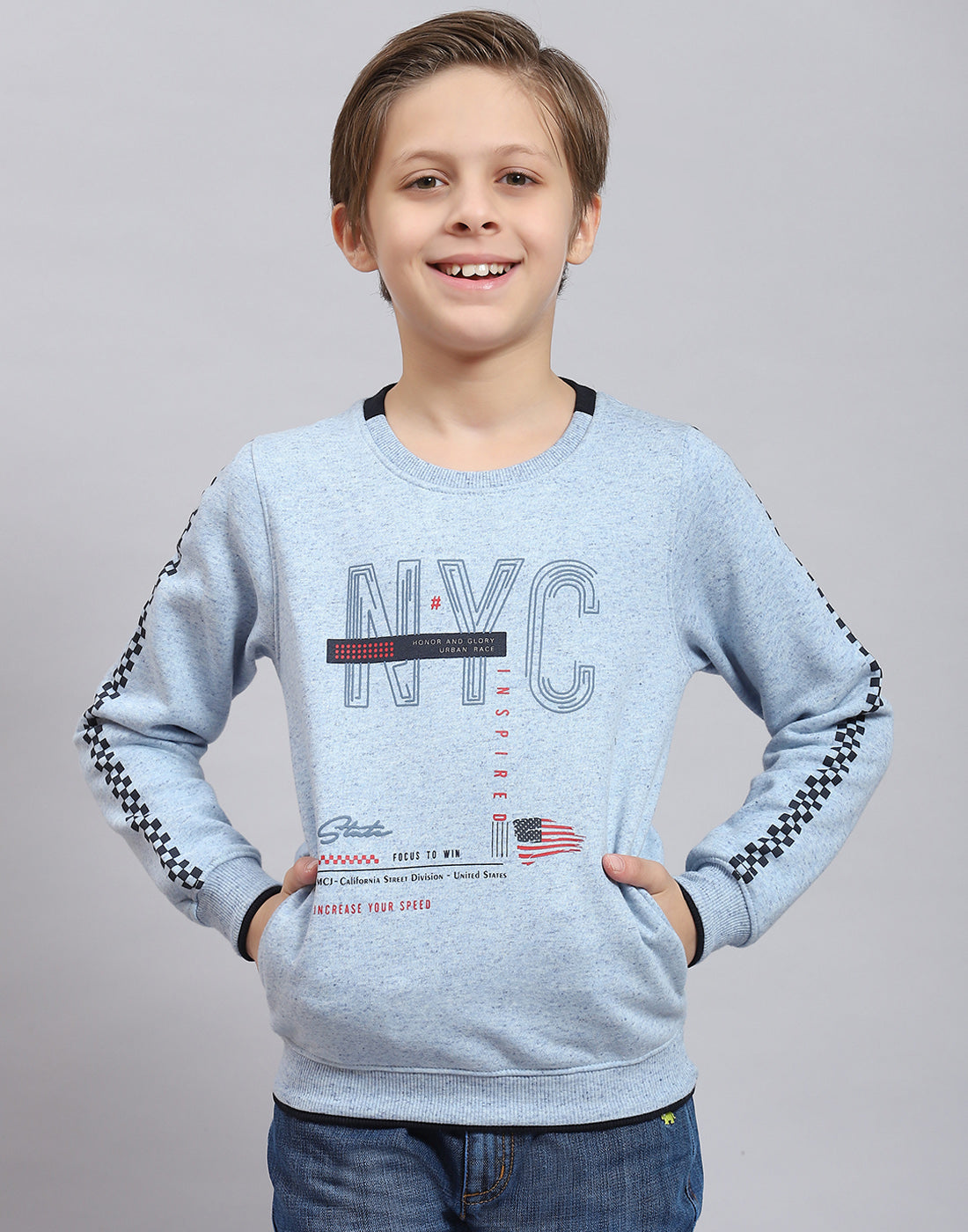 Boys Blue Printed Round Neck Full Sleeve Sweatshirt