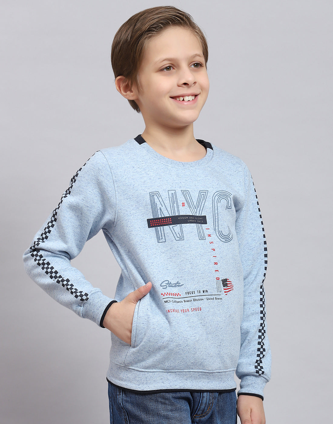 Boys Blue Printed Round Neck Full Sleeve Sweatshirt