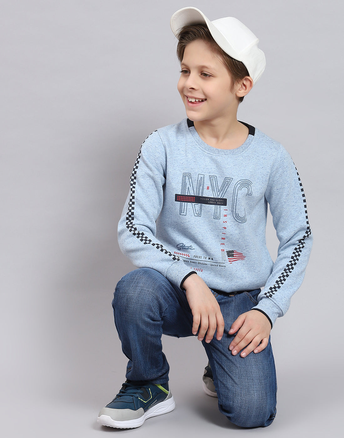 Boys Blue Printed Round Neck Full Sleeve Sweatshirt