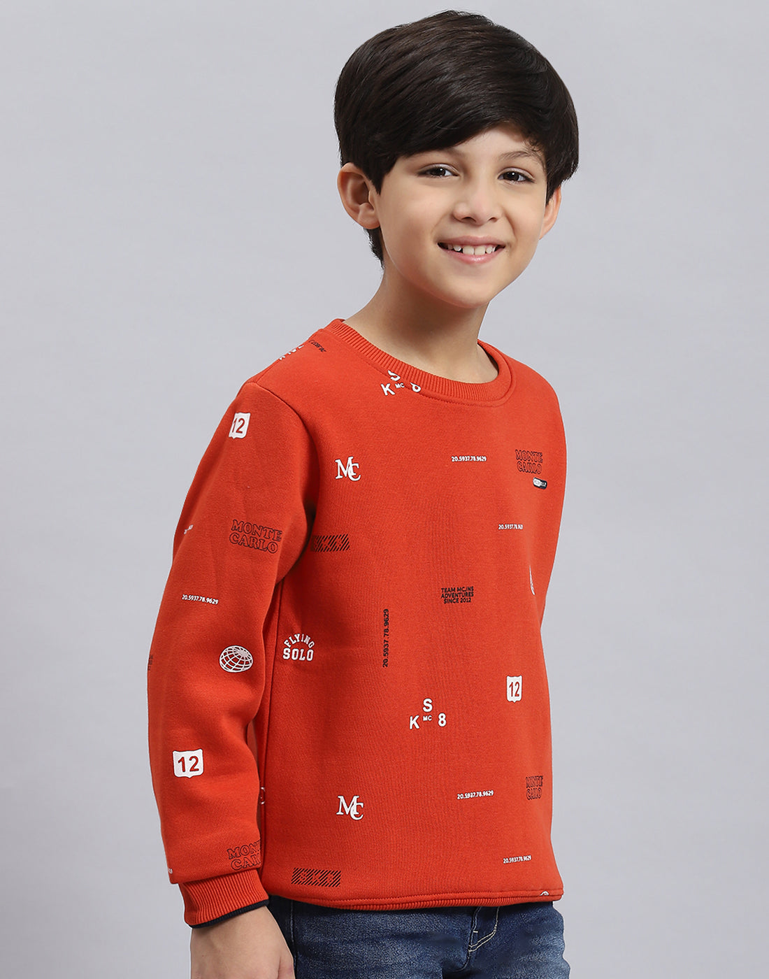 Boys Rust Printed Round Neck Full Sleeve Sweatshirt