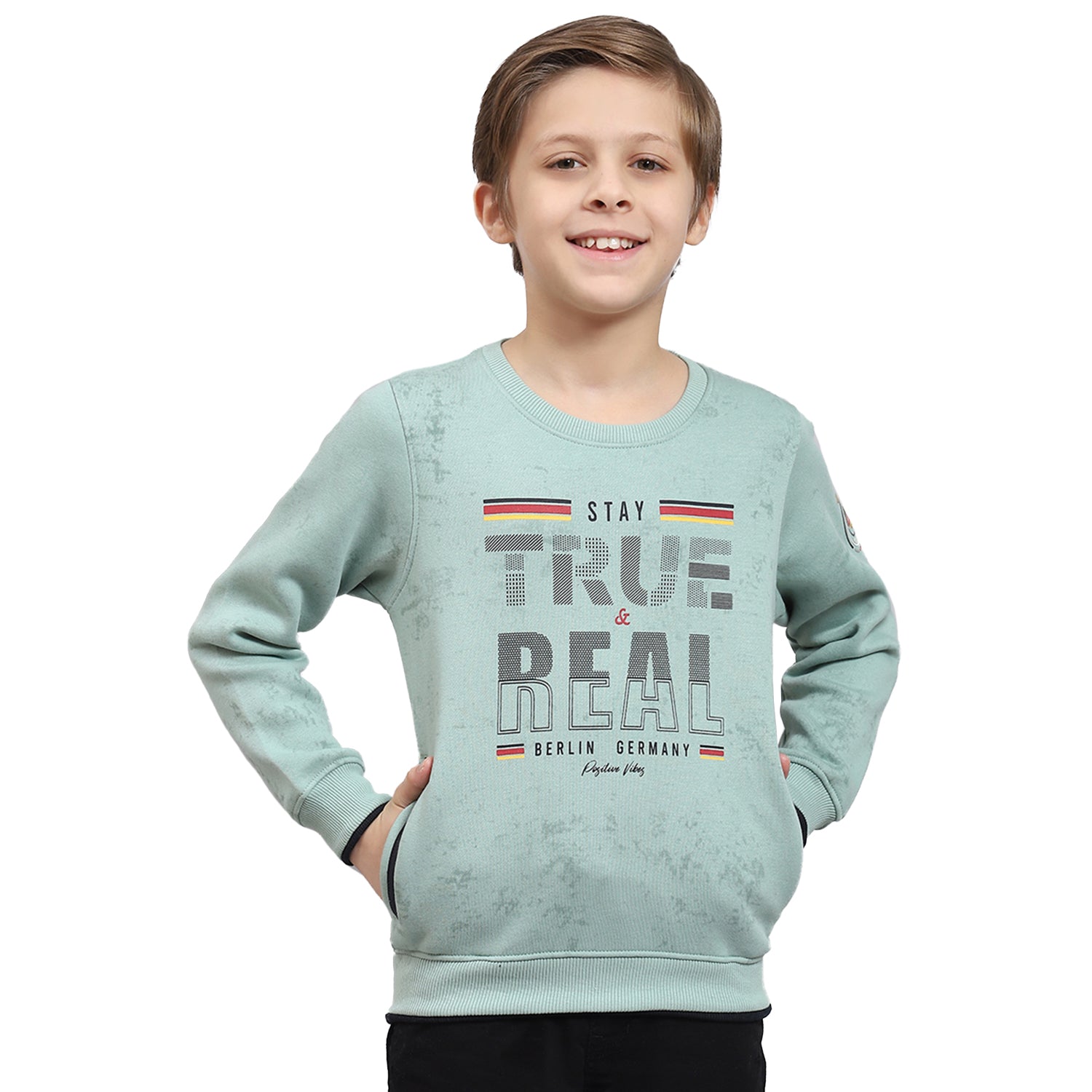 Boys Green Printed Round Neck Full Sleeve Sweatshirt