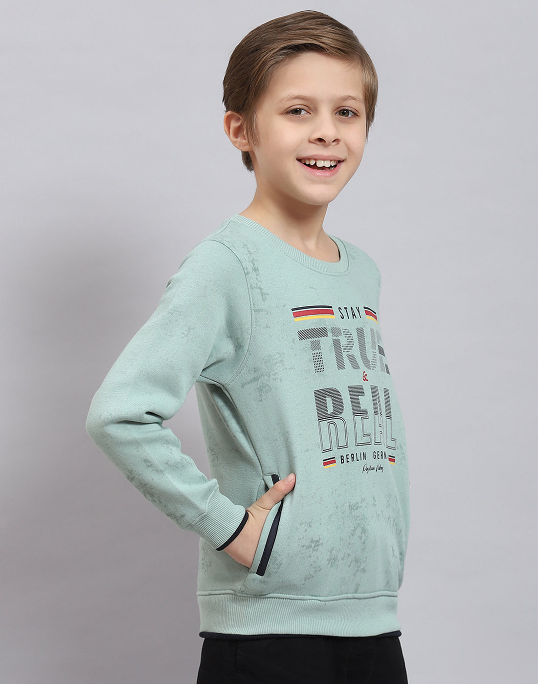 Boys Green Printed Round Neck Full Sleeve Sweatshirt