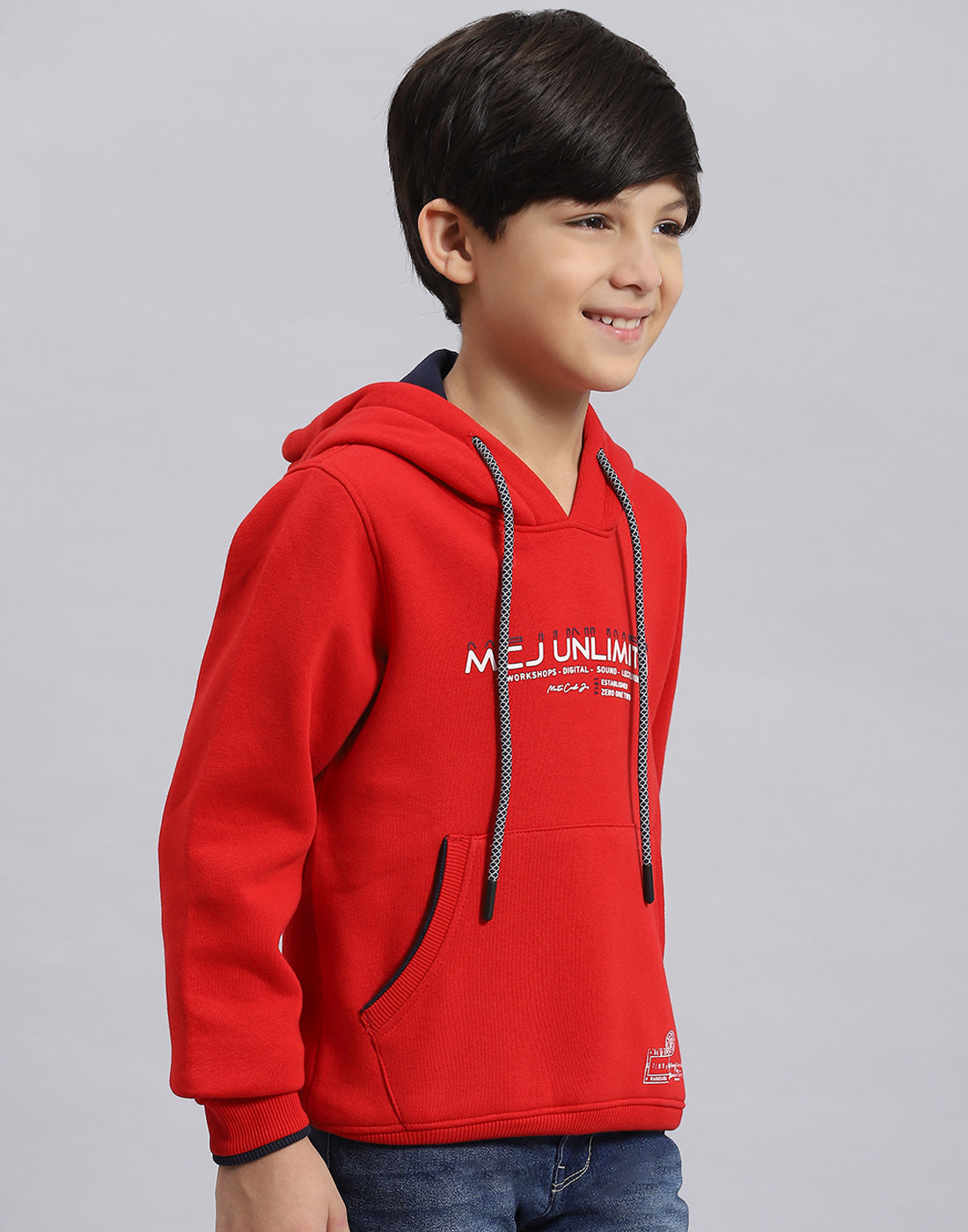 Boys Red Printed Hooded Full Sleeve Sweatshirt