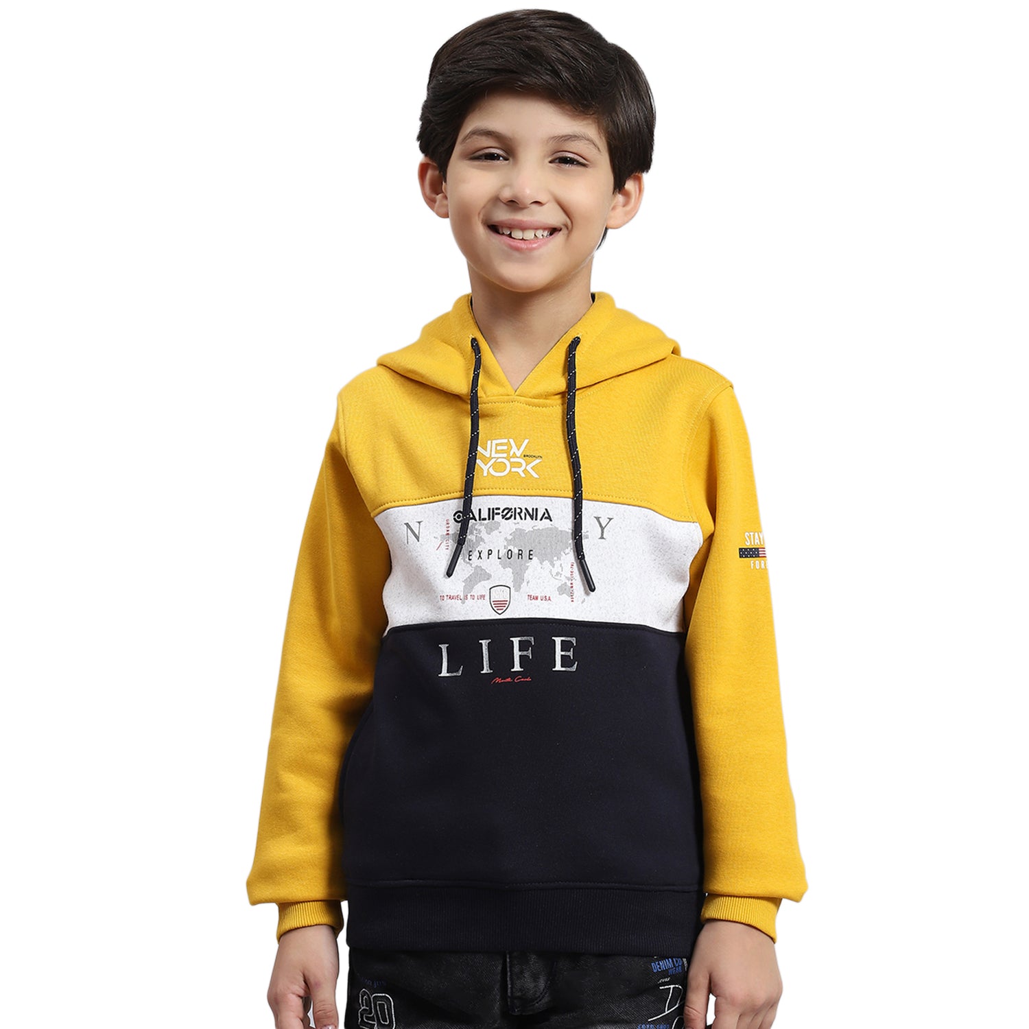 Boys Mustard Printed Hooded Full Sleeve Sweatshirt