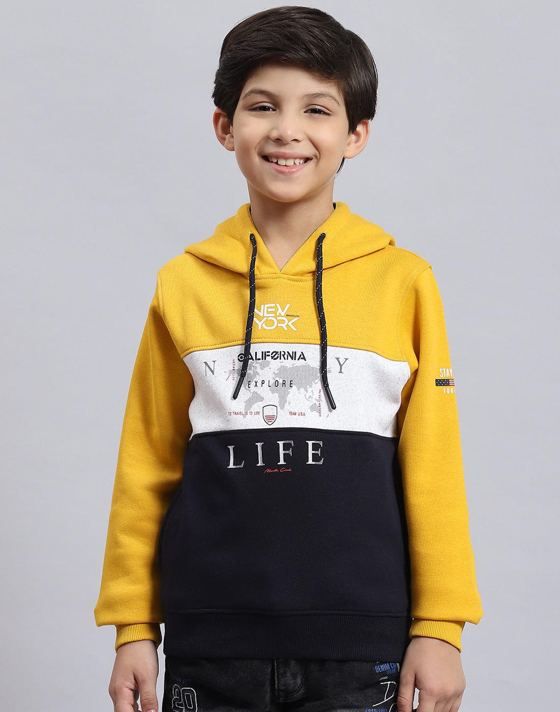 Boys Mustard Printed Hooded Full Sleeve Sweatshirt