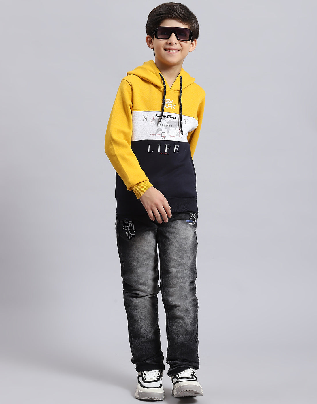 Boys Mustard Printed Hooded Full Sleeve Sweatshirt