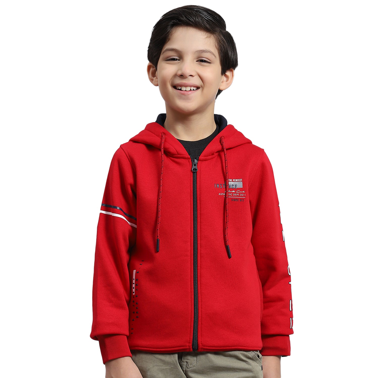 Boys Red Printed Hooded Full Sleeve Sweatshirt