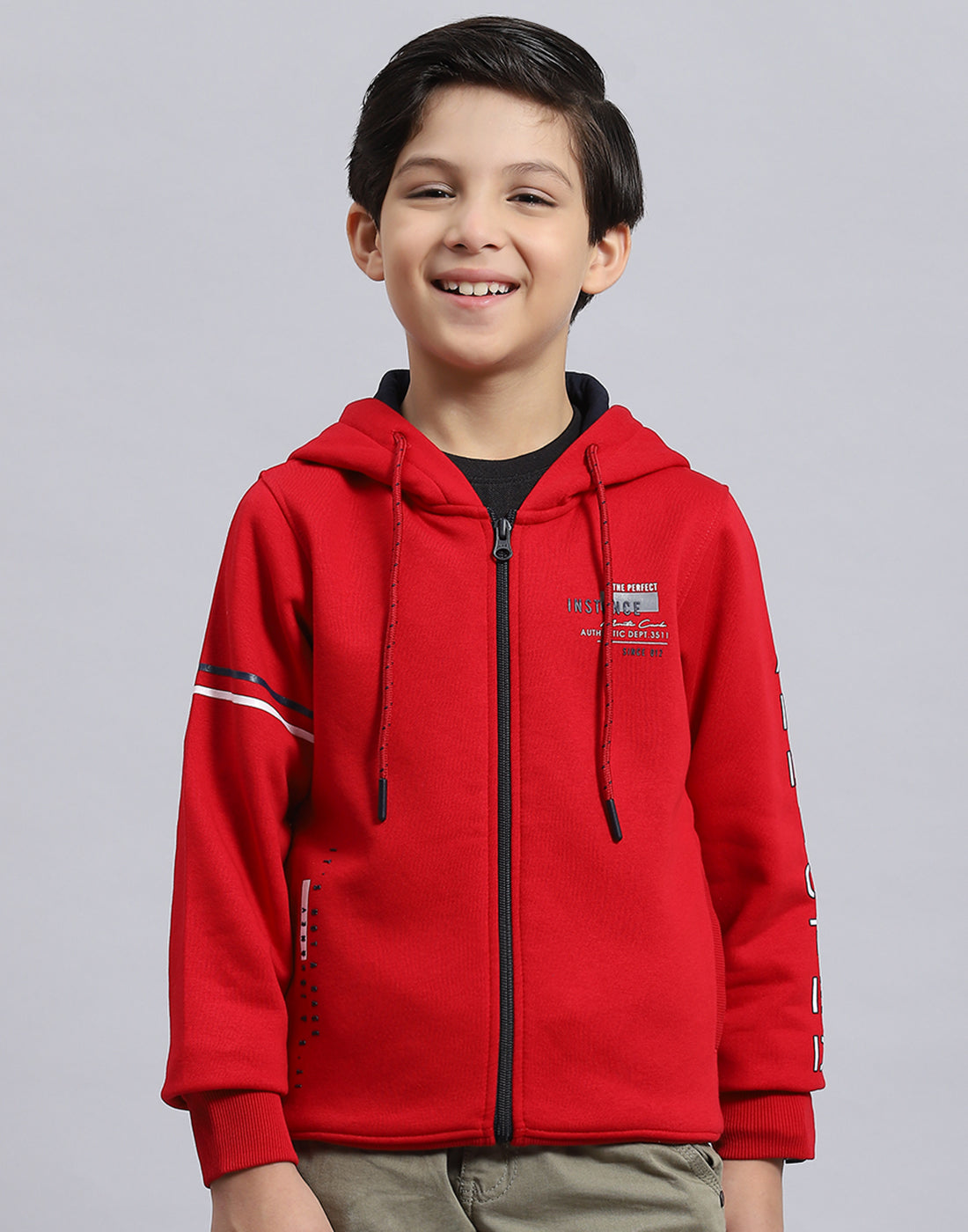 Boys Red Printed Hooded Full Sleeve Sweatshirt