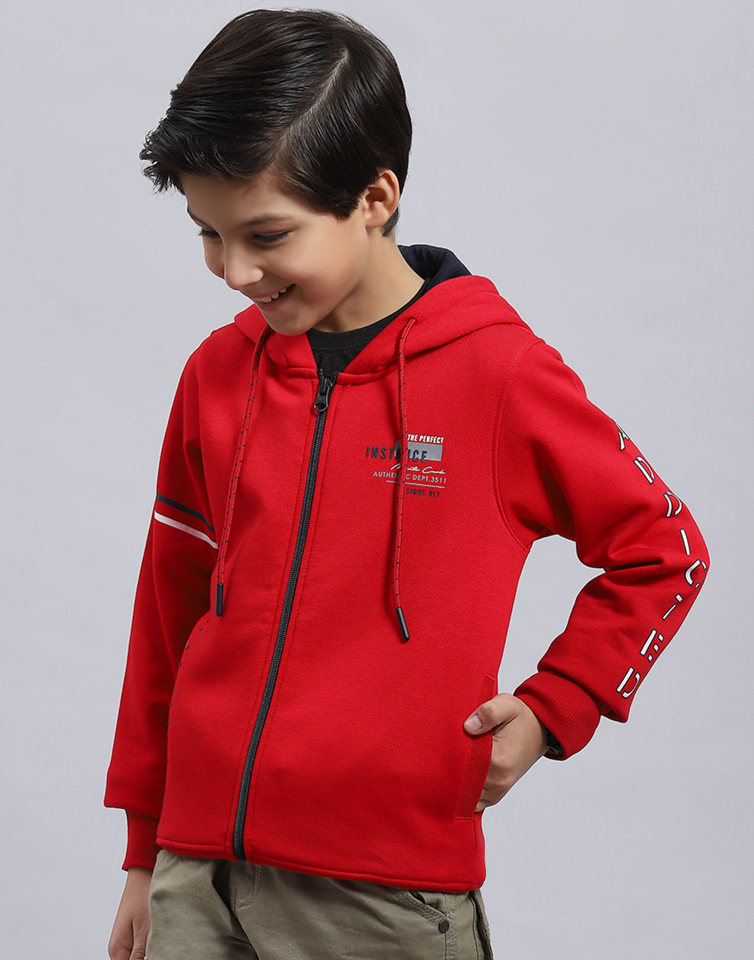 Boys Red Printed Hooded Full Sleeve Sweatshirt